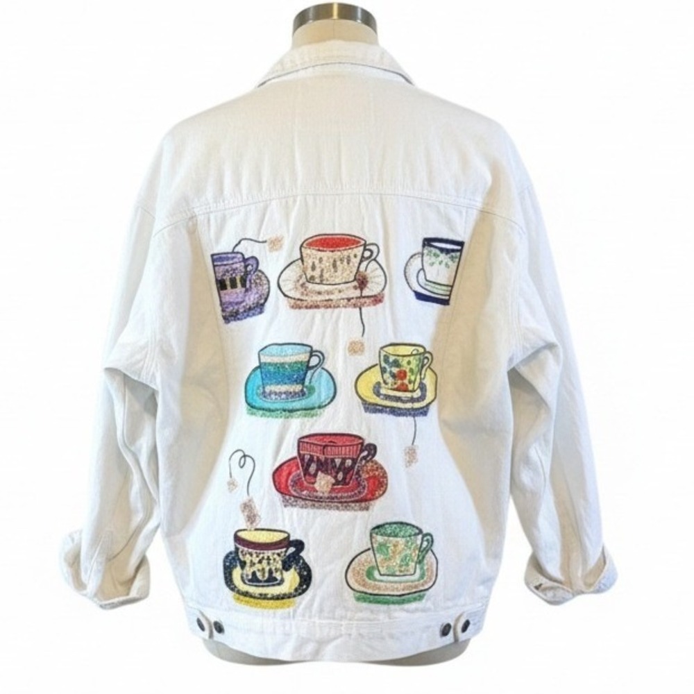Cedars Womens L 198O's Vintage White Denim Jean Jacket STAINS Needs Cleaning - Picture 4 of 14